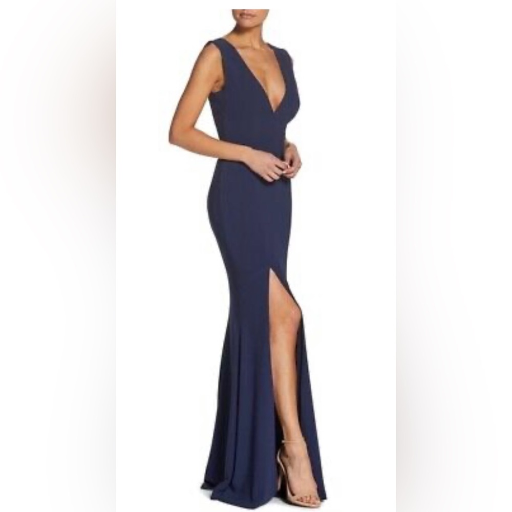 Dress the Population sexy dress Plunge v neck high leg slit midnight blue